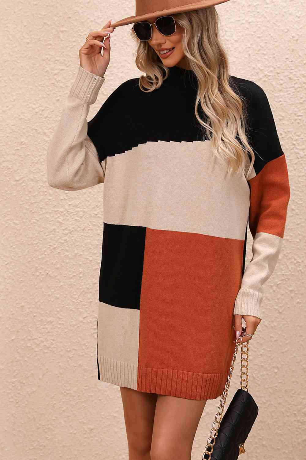 EJC Color Block Mock Neck Dropped Shoulder Sweater Dress