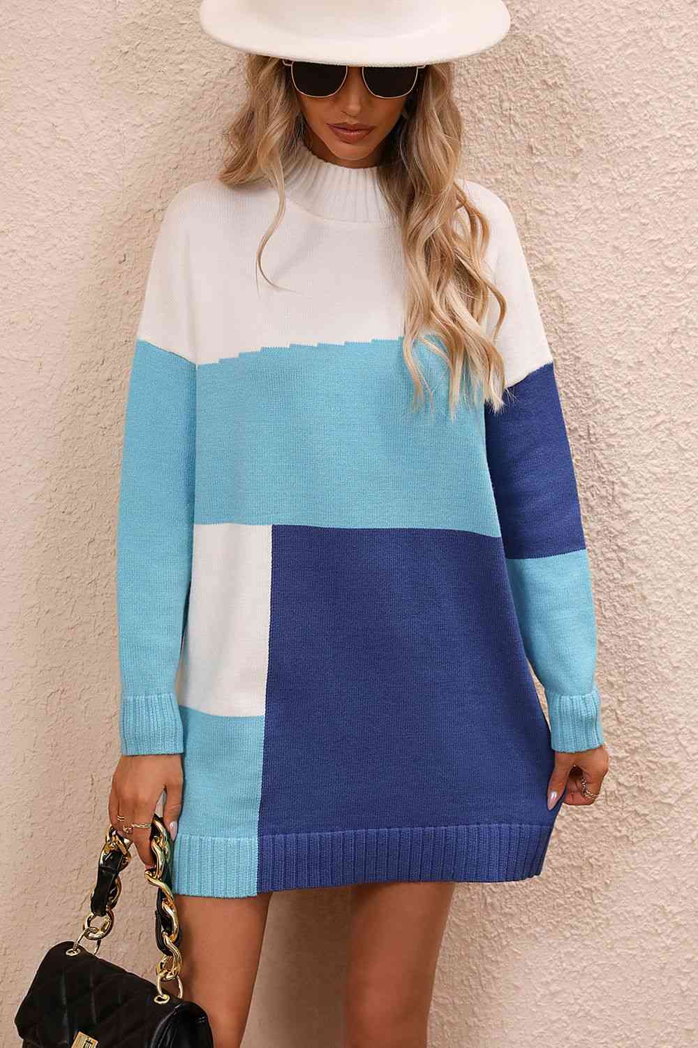 EJC Color Block Mock Neck Dropped Shoulder Sweater Dress