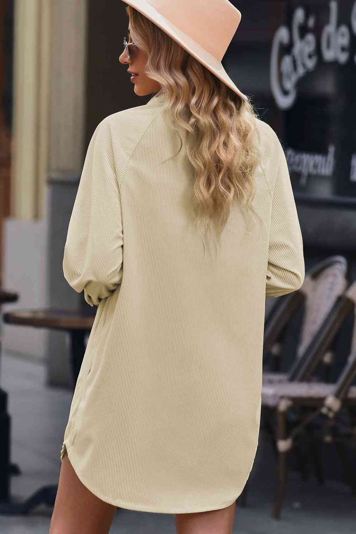 EJC Button Front Curved Hem Raglan Sleeve Shirt Dress