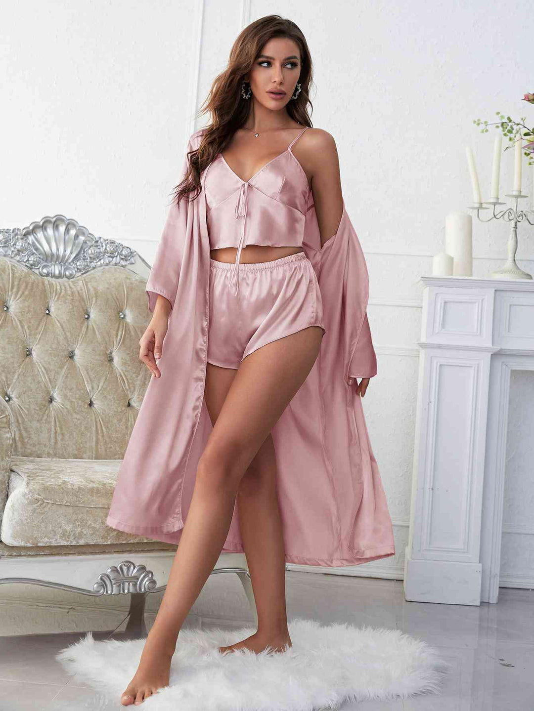 EJC Satin V-Neck Cami, Shorts, and Belted Robe Pajama Set