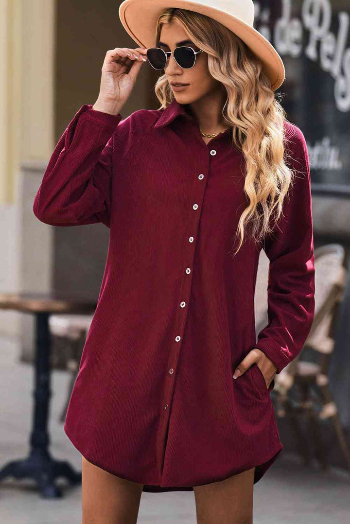 EJC Button Front Curved Hem Raglan Sleeve Shirt Dress