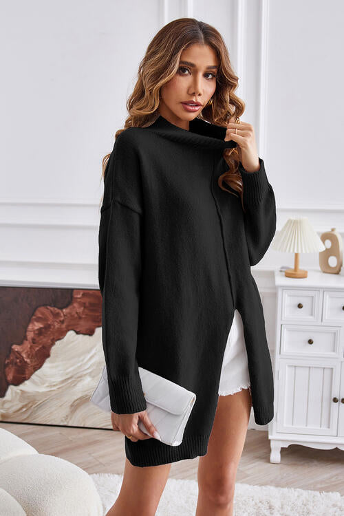 EJC Exposed Seam Mock Neck Slit Sweater