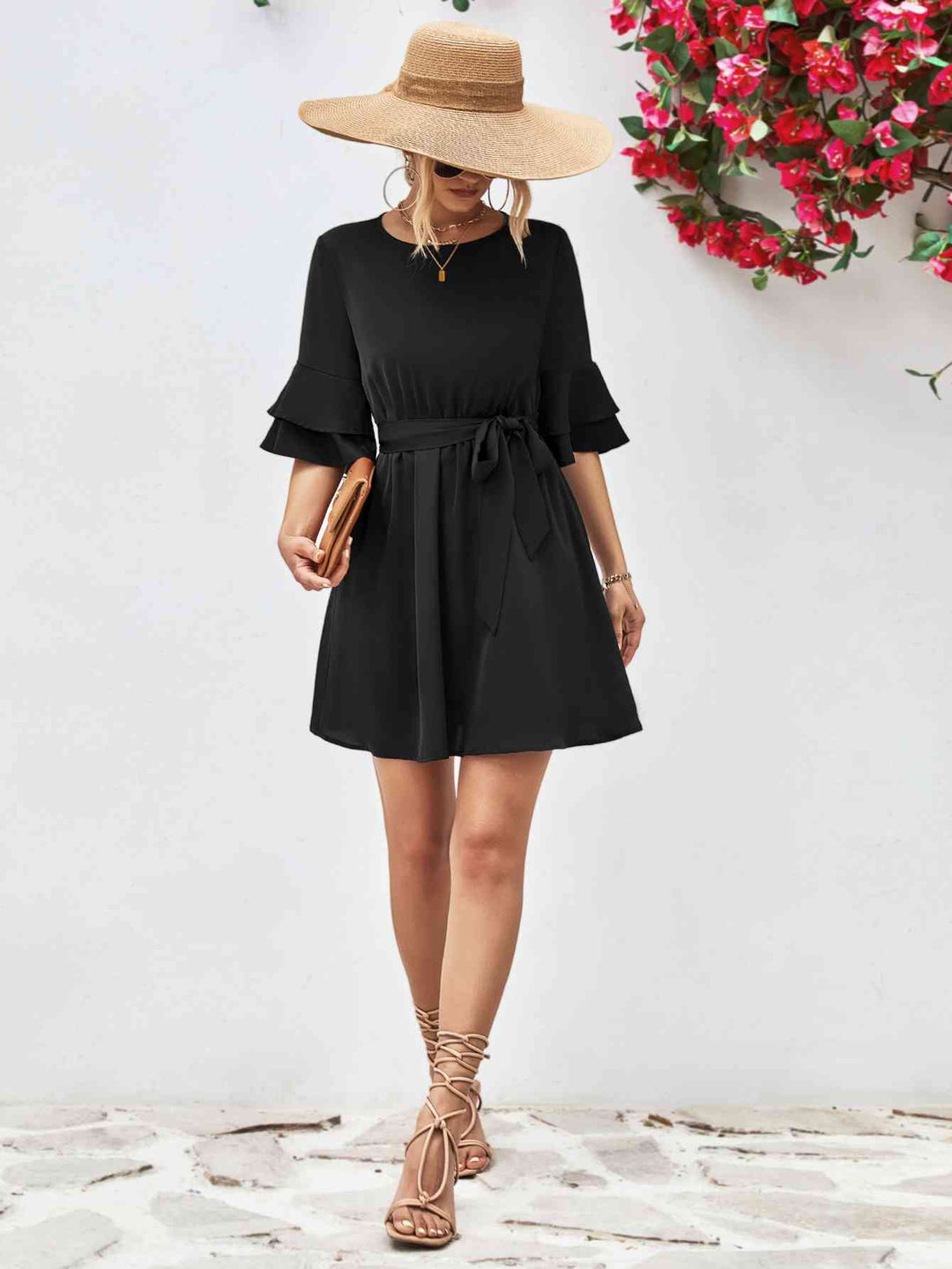 EJC Round Neck Tie Belt Flounce Sleeve Dress