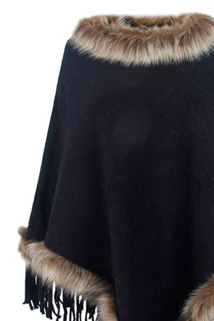 EJC Faux Fur Trim Fringed Poncho