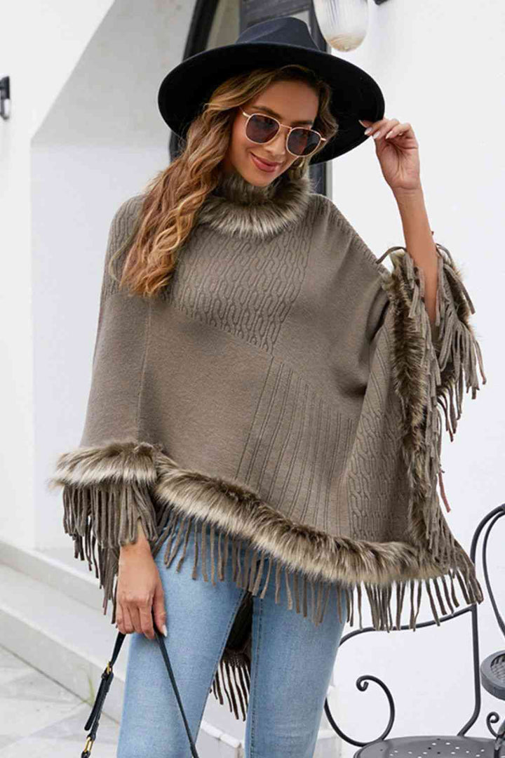 EJC Faux Fur Trim Fringed Poncho