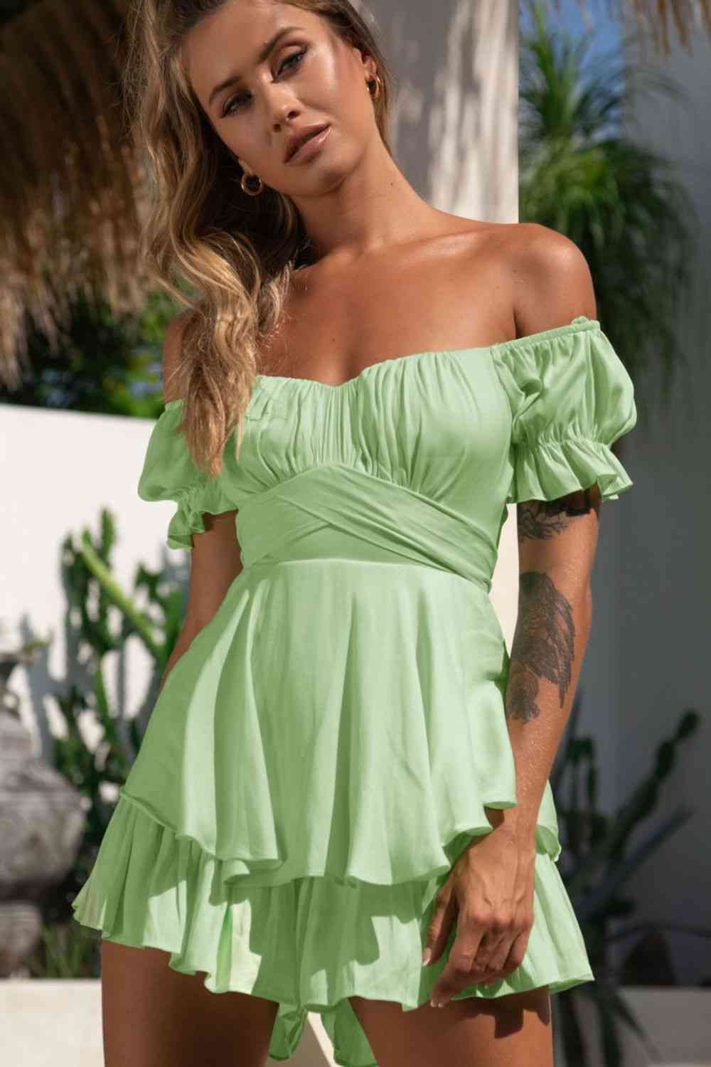 EJC Off Shoulder Flounce Sleeve Romper