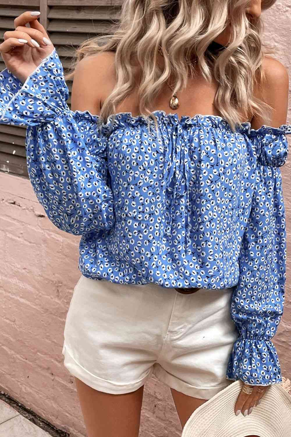 EJC Off Shoulder Printed Frill Trim Blouse