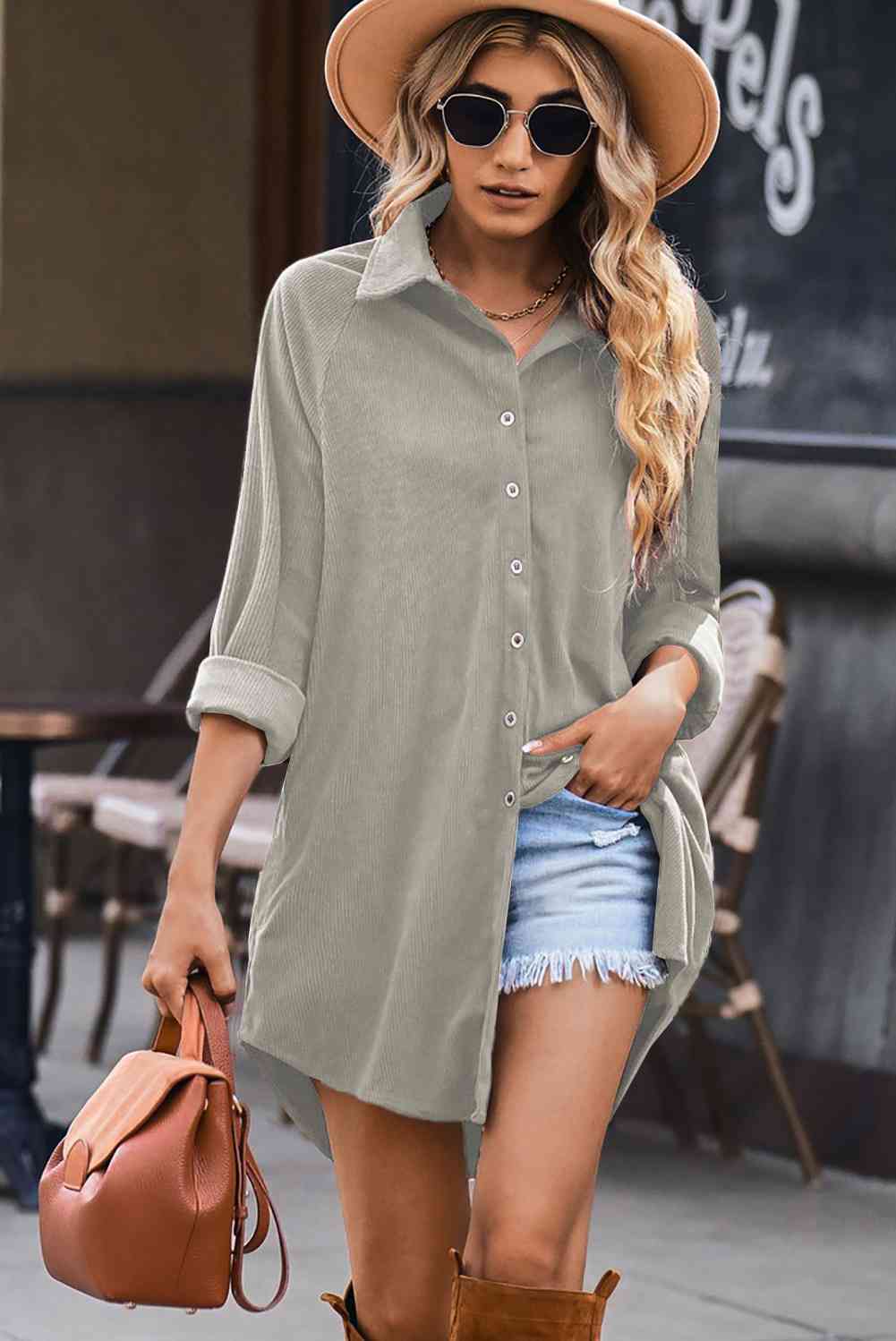 EJC Button Front Curved Hem Raglan Sleeve Shirt Dress