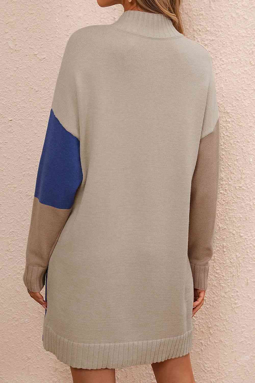 EJC Color Block Mock Neck Dropped Shoulder Sweater Dress