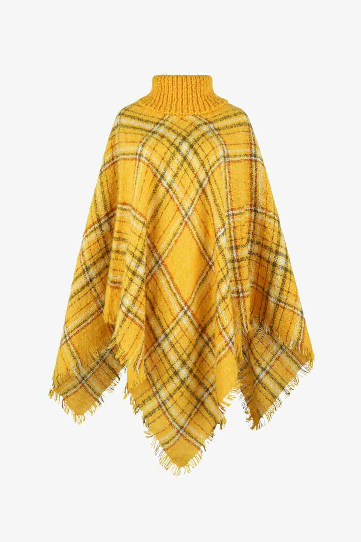 EJC Plaid Turtleneck Fringe Hem Poncho