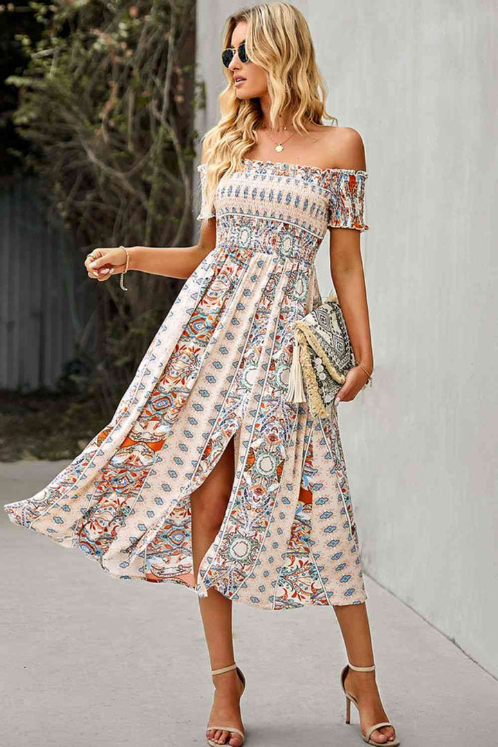 EJC Bohemian Hippie Off-Shoulder Sexy  Side Slit Dress