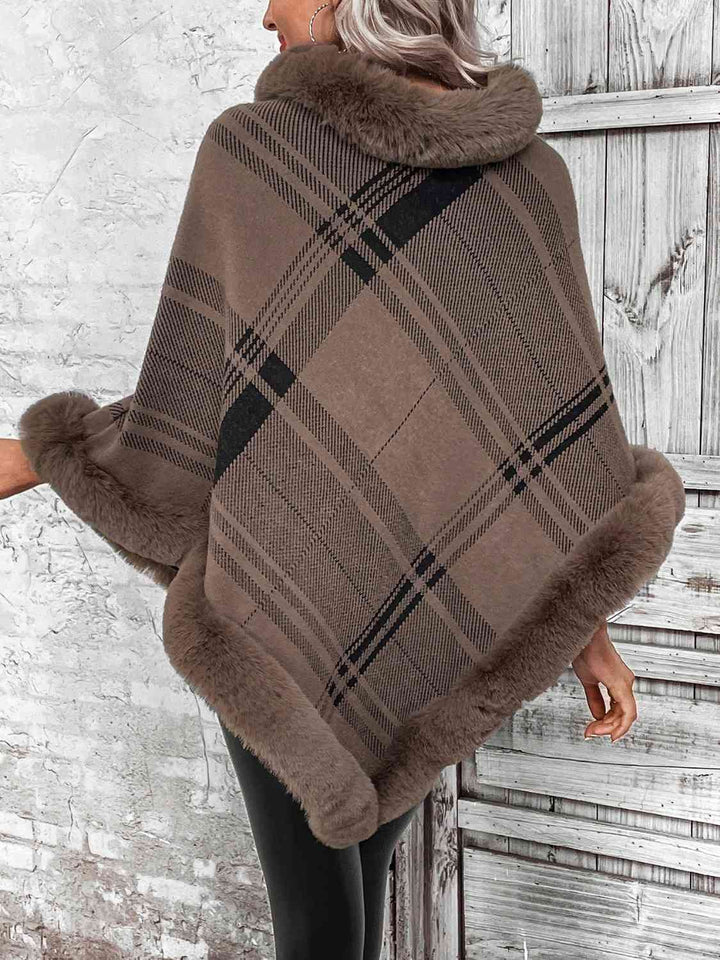 EJC Plaid Faux Fur Trim Poncho