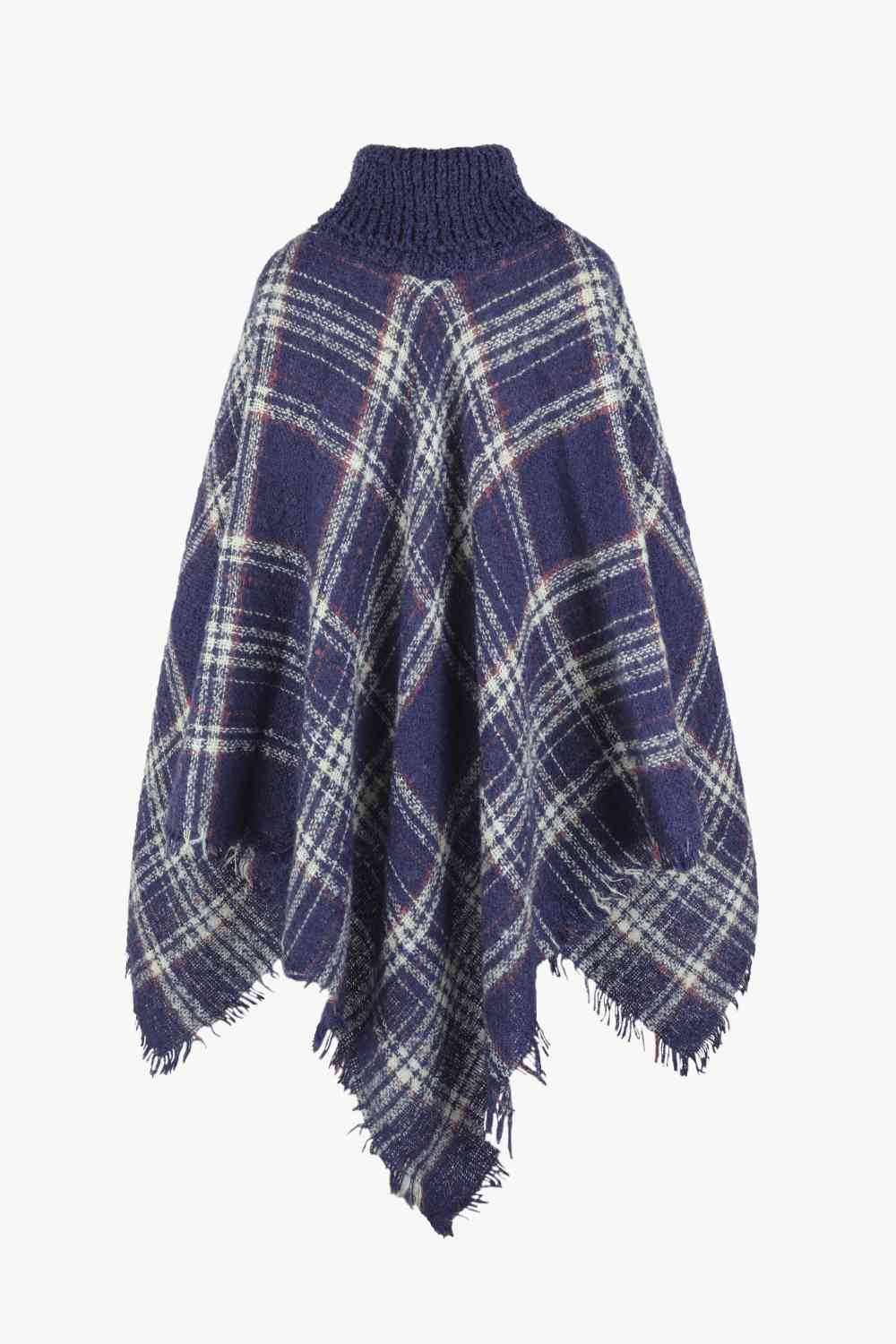 EJC Plaid Turtleneck Fringe Hem Poncho