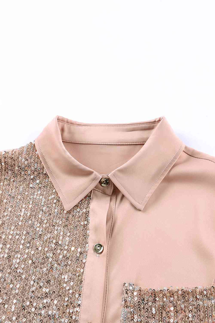 EJC Sequin Button Front High-Low Shirt Dress