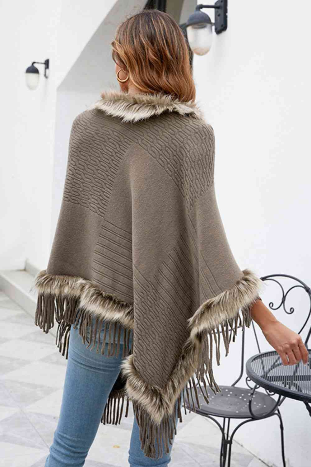 EJC Faux Fur Trim Fringed Poncho