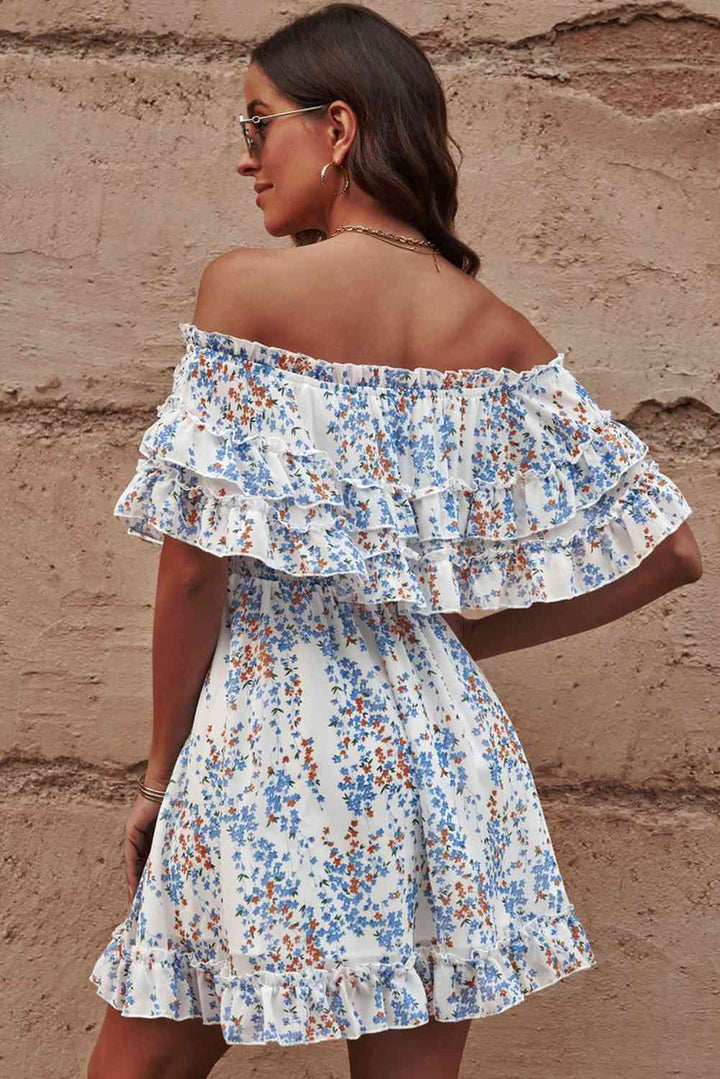 EJC Floral Off-Shoulder Ruffle Hem Dress