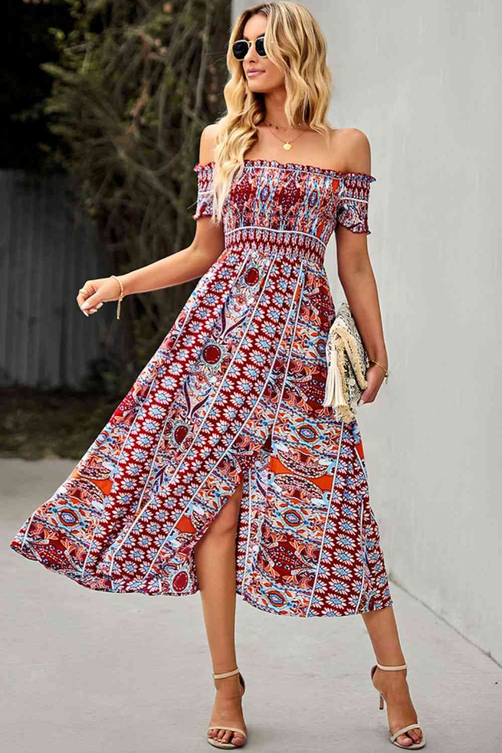 EJC Bohemian Hippie Off-Shoulder Sexy  Side Slit Dress