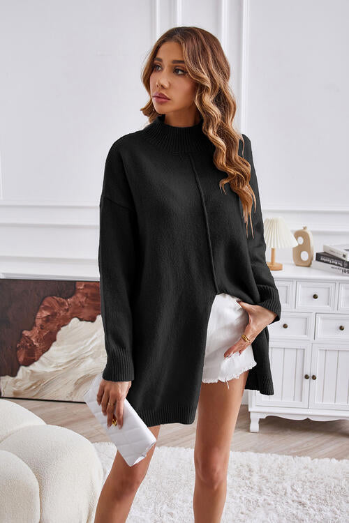 EJC Exposed Seam Mock Neck Slit Sweater