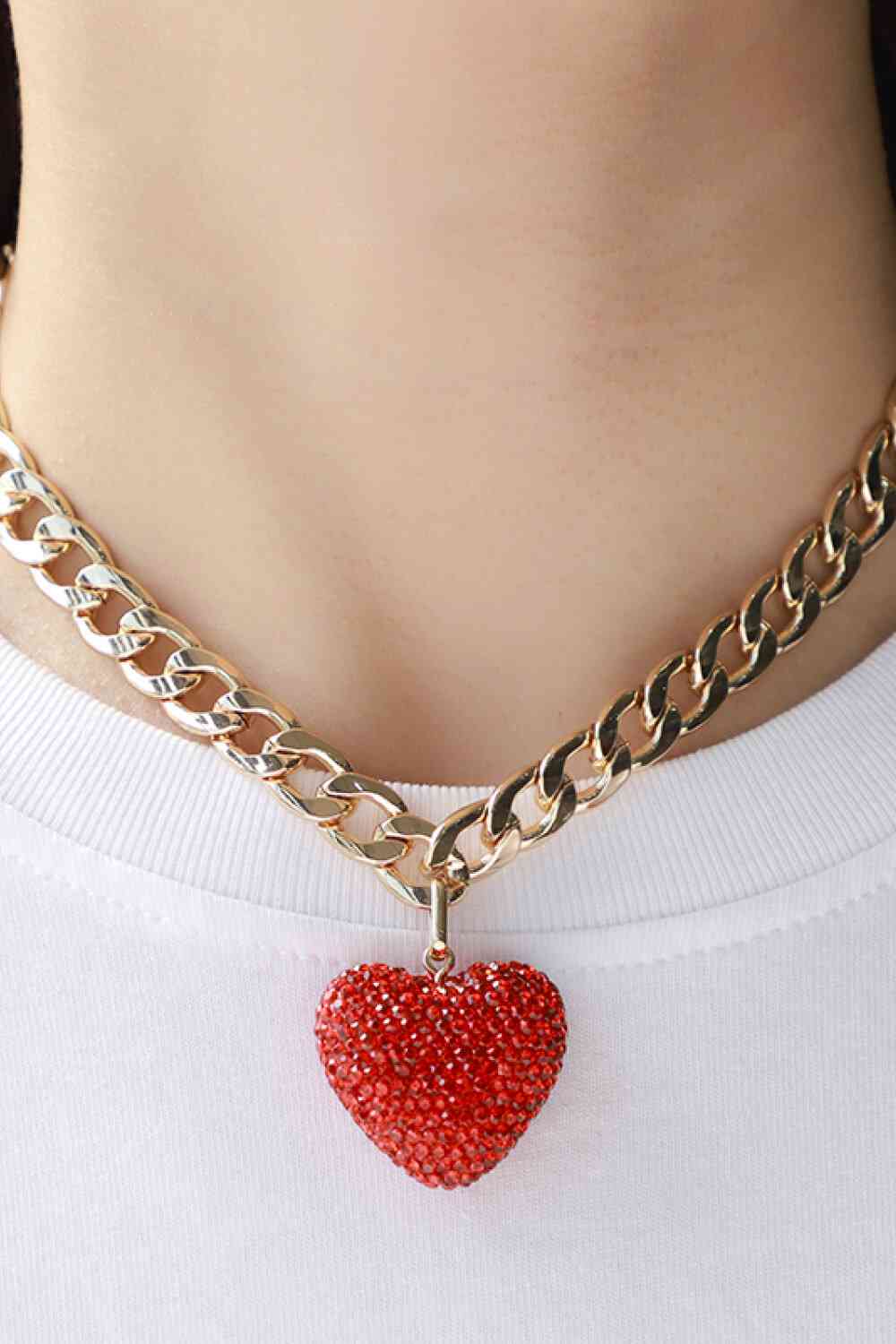 EJC Rhinestone Heart Pendant Curb Chain Necklace