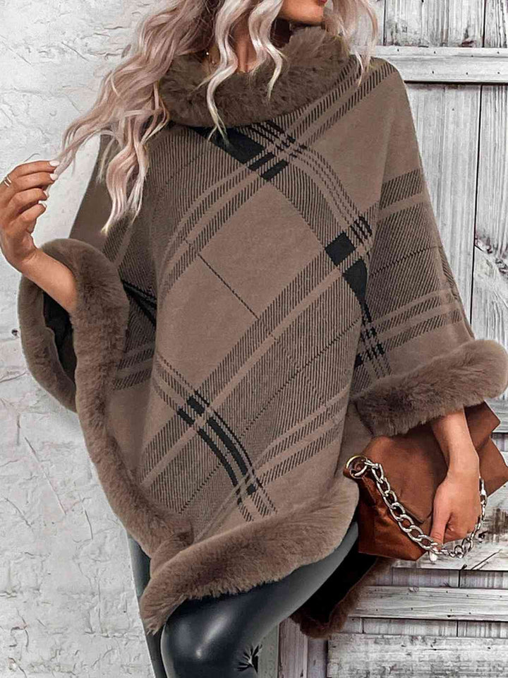 EJC Plaid Faux Fur Trim Poncho