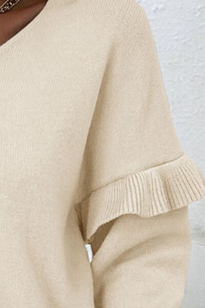 EJC V-Neck Ruffle Trim Long Sleeve Sweater