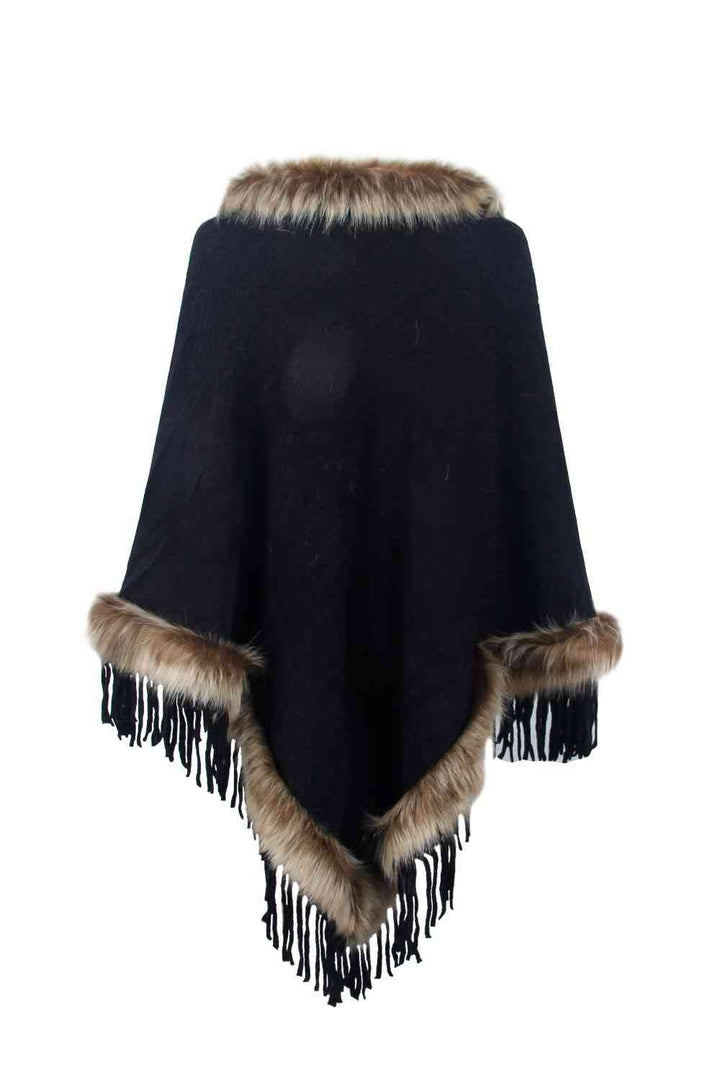 EJC Faux Fur Trim Fringed Poncho