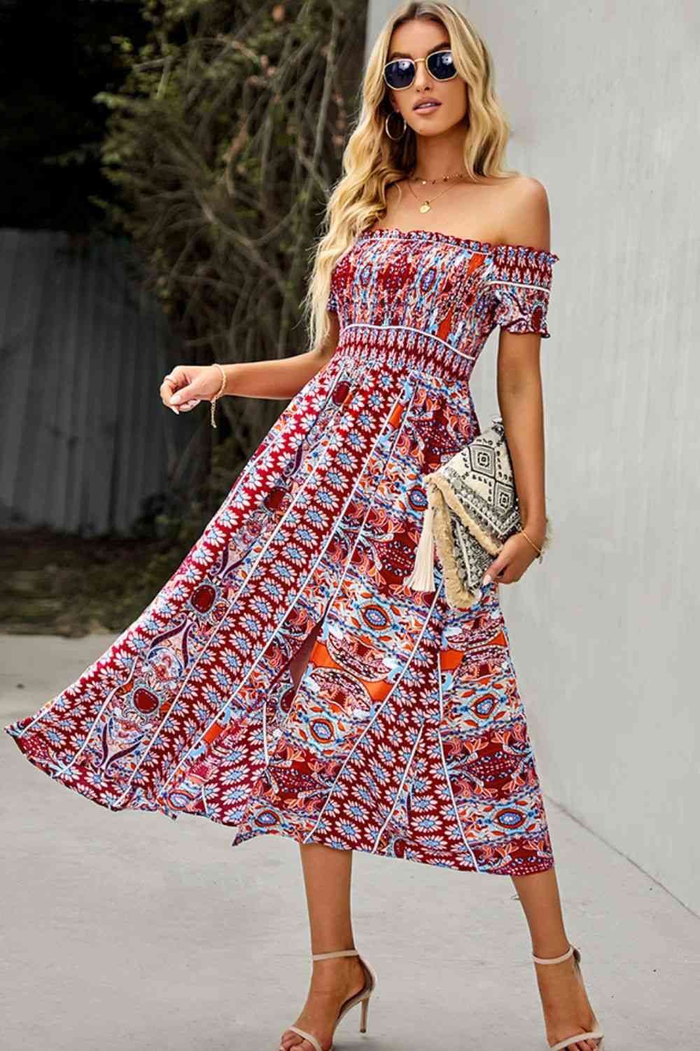 EJC Bohemian Hippie Off-Shoulder Sexy  Side Slit Dress