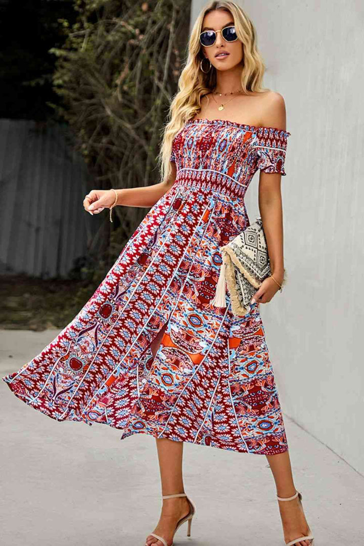 EJC Bohemian Hippie Off-Shoulder Sexy  Side Slit Dress