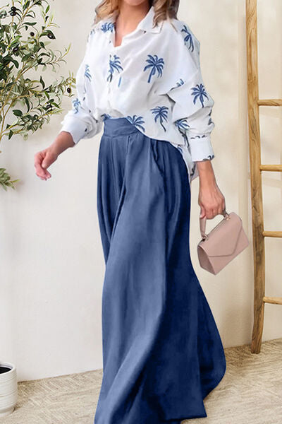 EJC Pocketed Dropped Shoulder Shirt and Wide Leg Pants Set