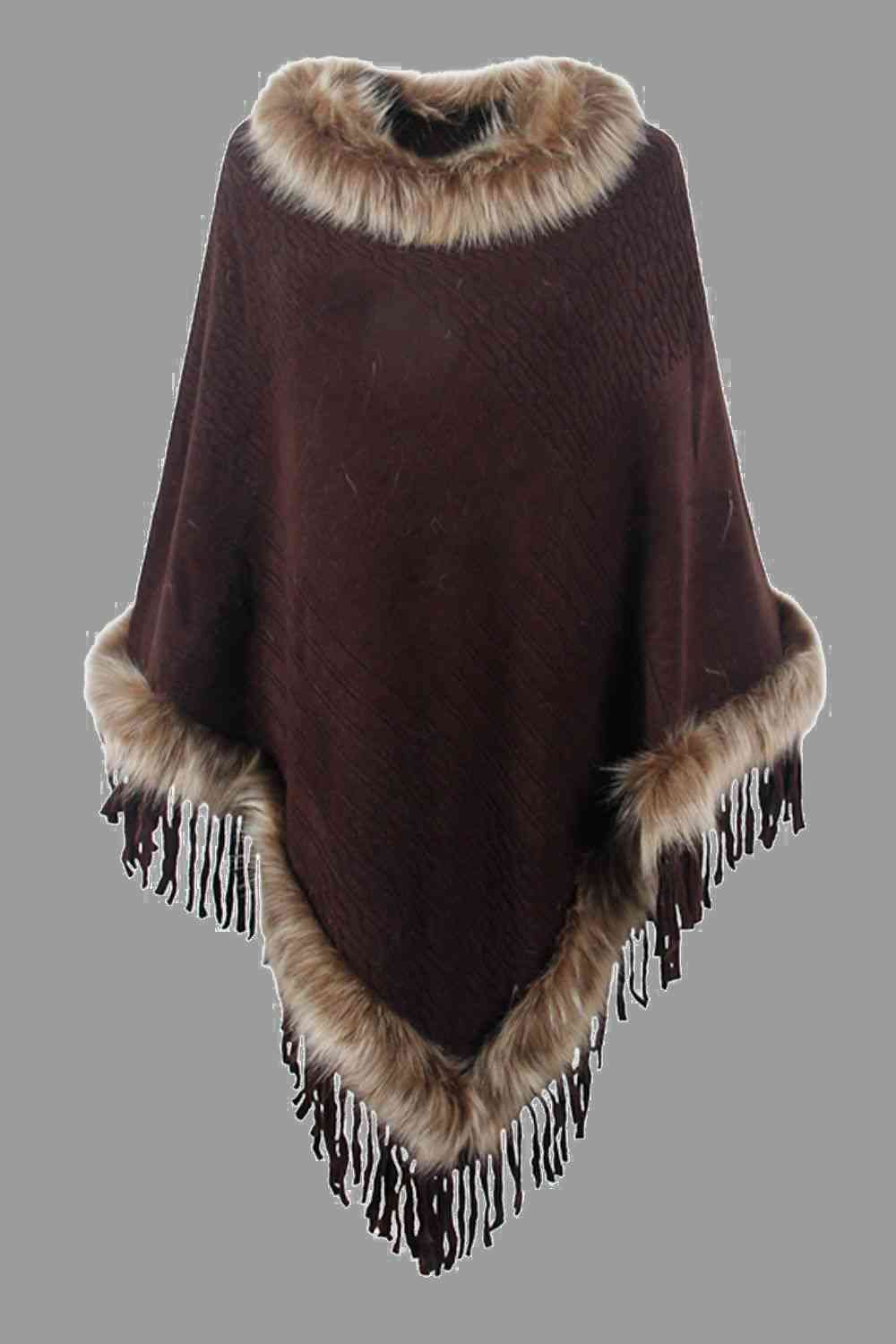 EJC Faux Fur Trim Fringed Poncho