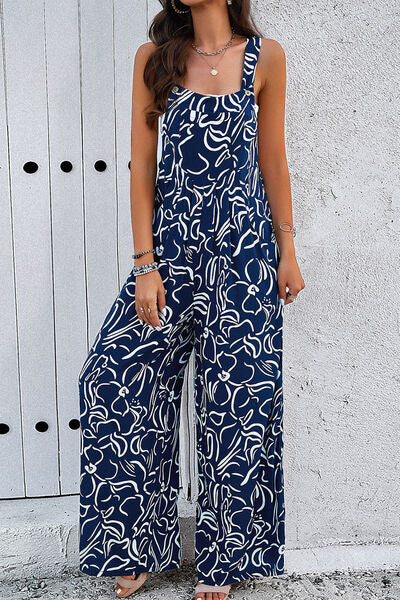 EJC Printed Wide Strap Jumpsuit with Pockets