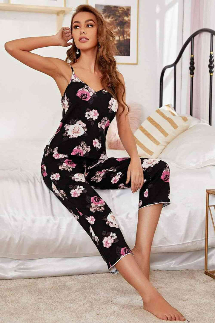 EJC Floral V-Neck Cami and Cropped Pants Lounge Set