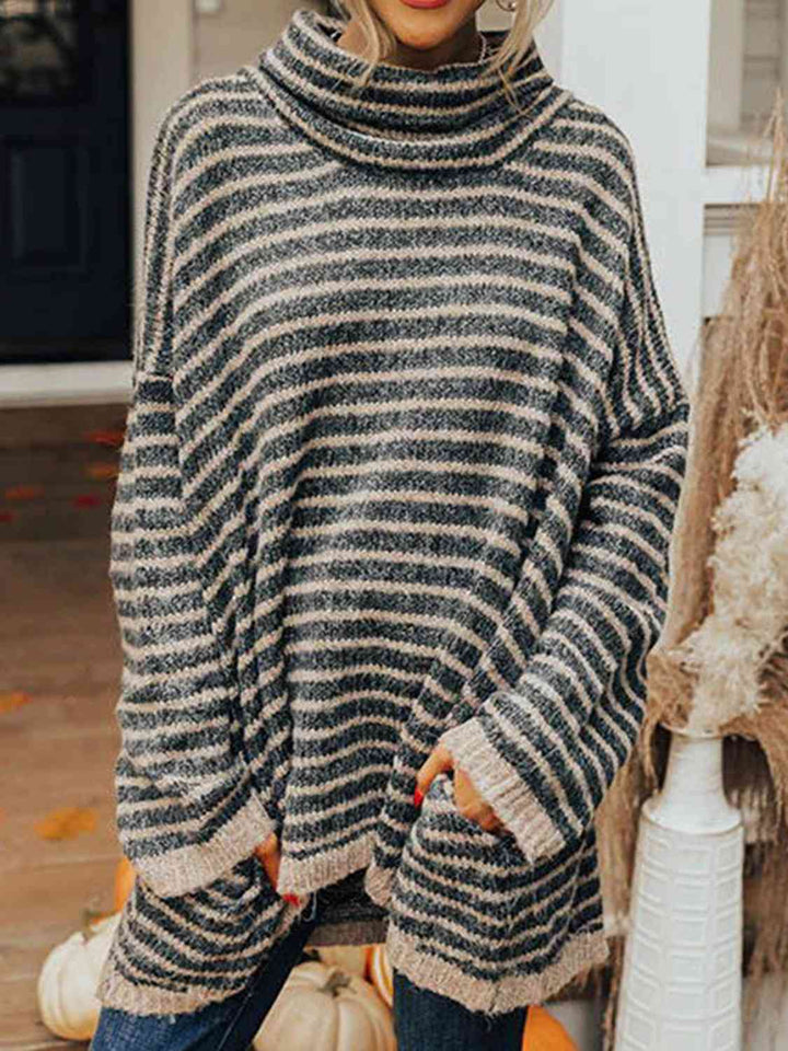 EJC Striped Turtleneck Sweater with Pockets