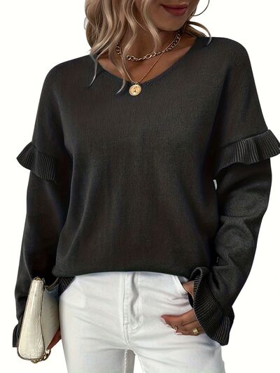 EJC V-Neck Ruffle Trim Long Sleeve Sweater