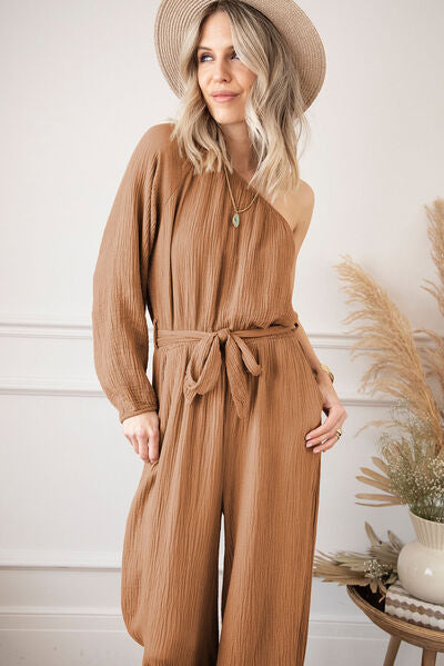 EJC Texture Single Shoulder Tie-Waist Jumpsuit