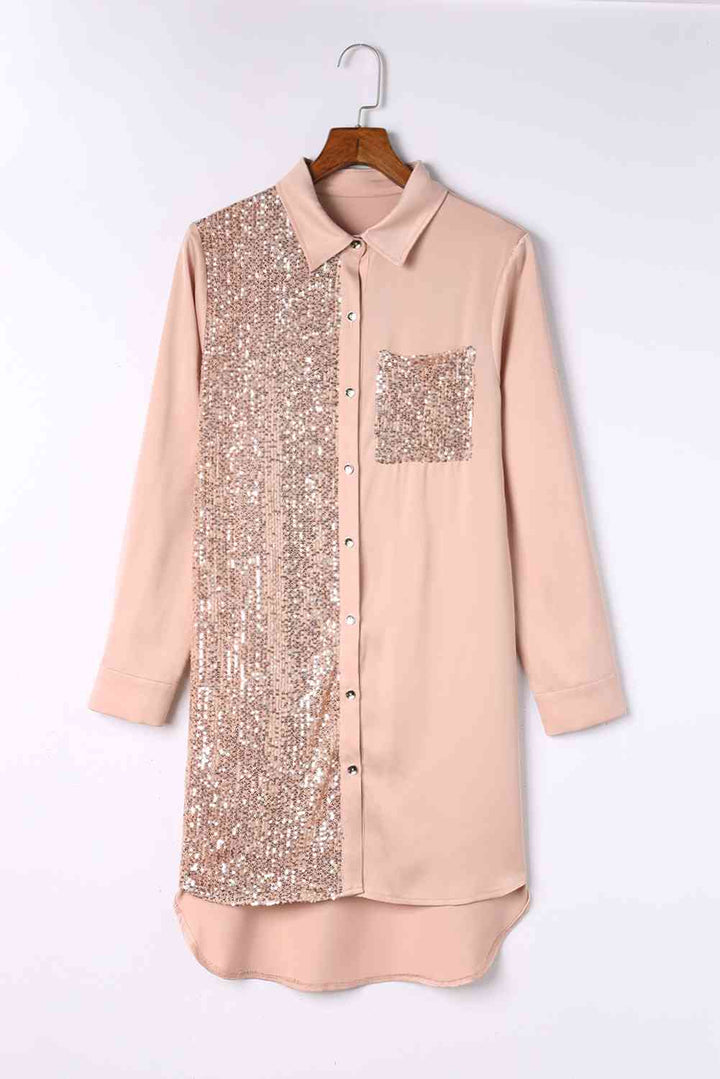 EJC Sequin Button Front High-Low Shirt Dress