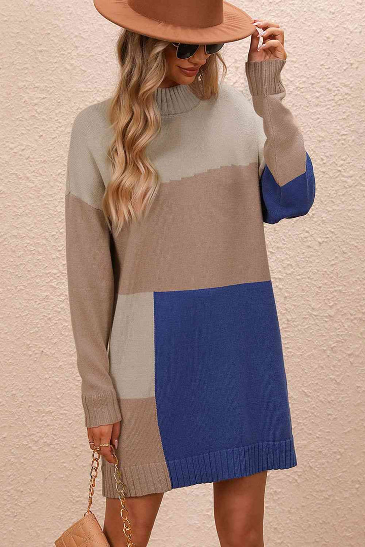 EJC Color Block Mock Neck Dropped Shoulder Sweater Dress