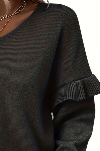 EJC V-Neck Ruffle Trim Long Sleeve Sweater