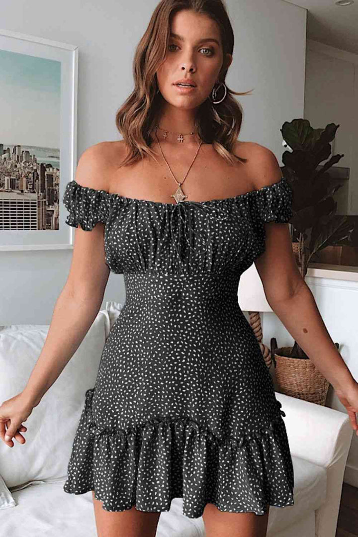 EJC Printed Off-Shoulder Ruffle Hem Dress