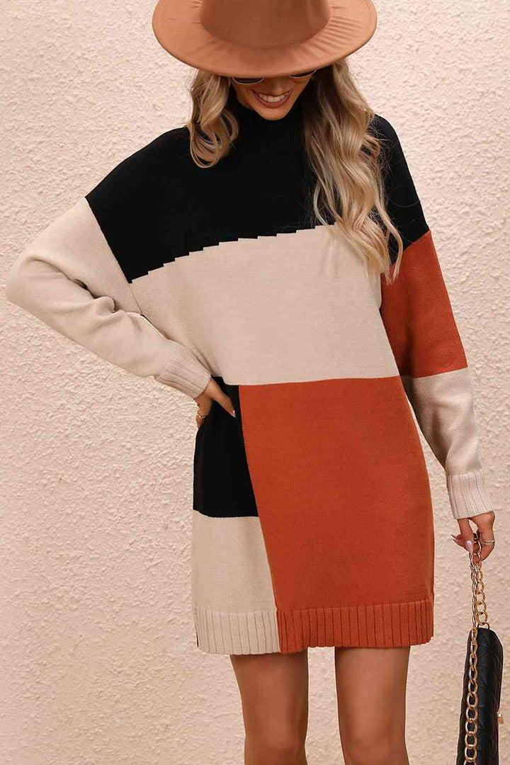 EJC Color Block Mock Neck Dropped Shoulder Sweater Dress