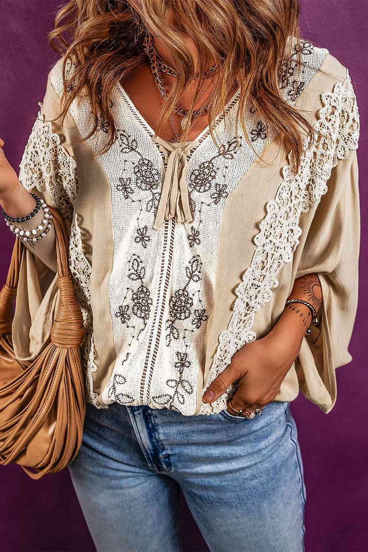 EJC V-Neck Lace Detail Slit Blouse