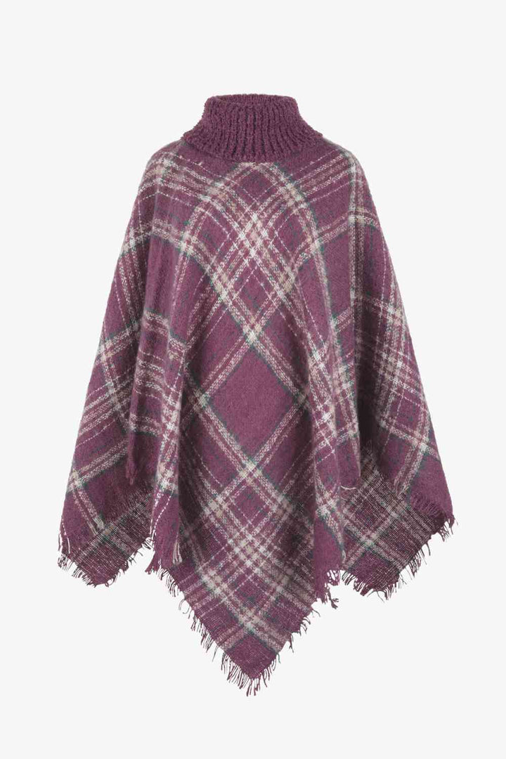 EJC Plaid Turtleneck Fringe Hem Poncho