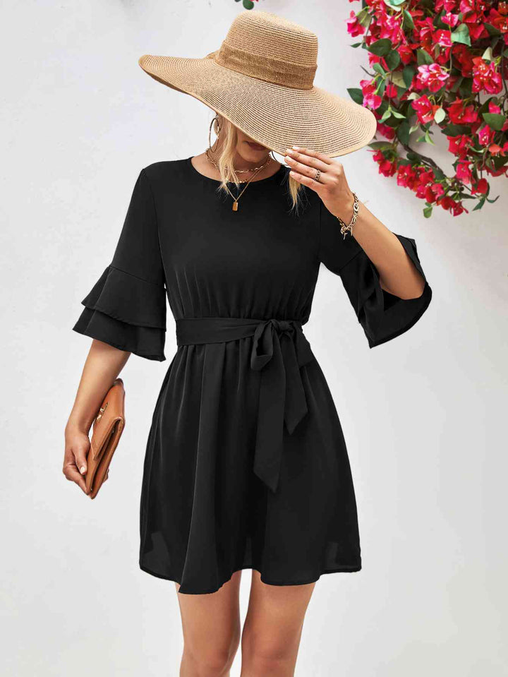 EJC Round Neck Tie Belt Flounce Sleeve Dress