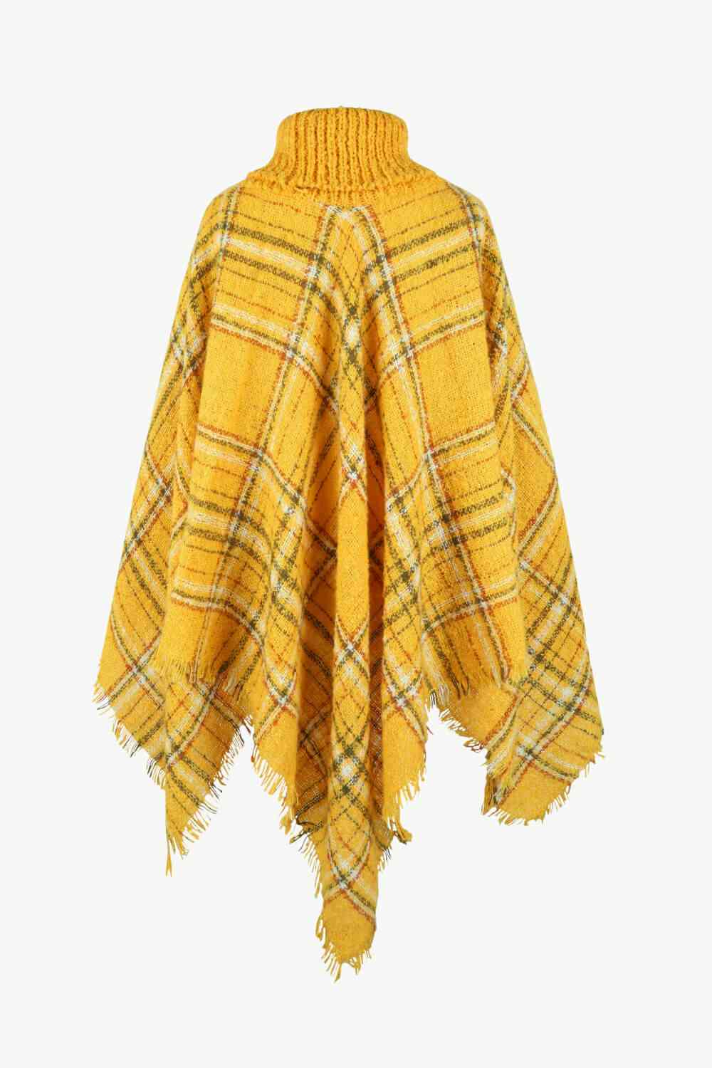 EJC Plaid Turtleneck Fringe Hem Poncho