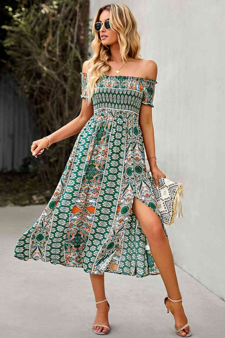 EJC Bohemian Hippie Off-Shoulder Sexy  Side Slit Dress