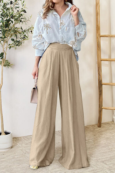 EJC Pocketed Dropped Shoulder Shirt and Wide Leg Pants Set