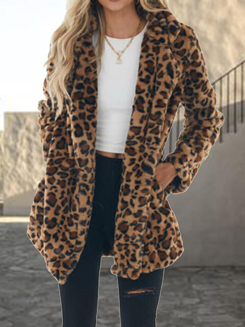 EJC Leopard Collared Neck Coat with Pockets