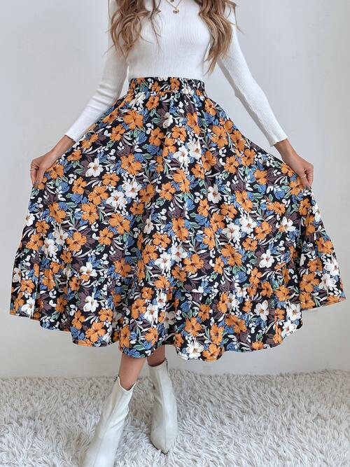 EJC Printed Ruffle Hem Midi Skirt