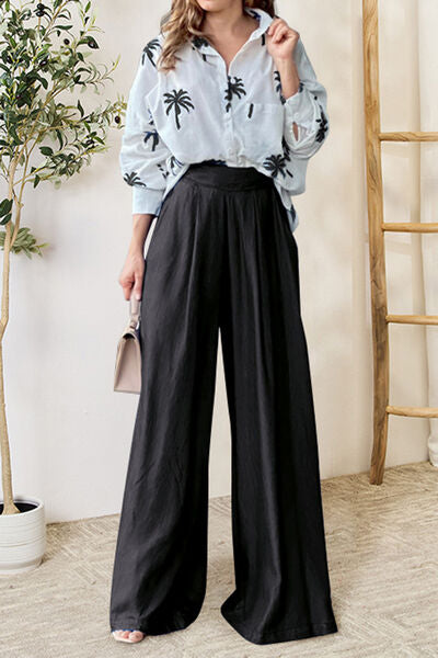 EJC Pocketed Dropped Shoulder Shirt and Wide Leg Pants Set