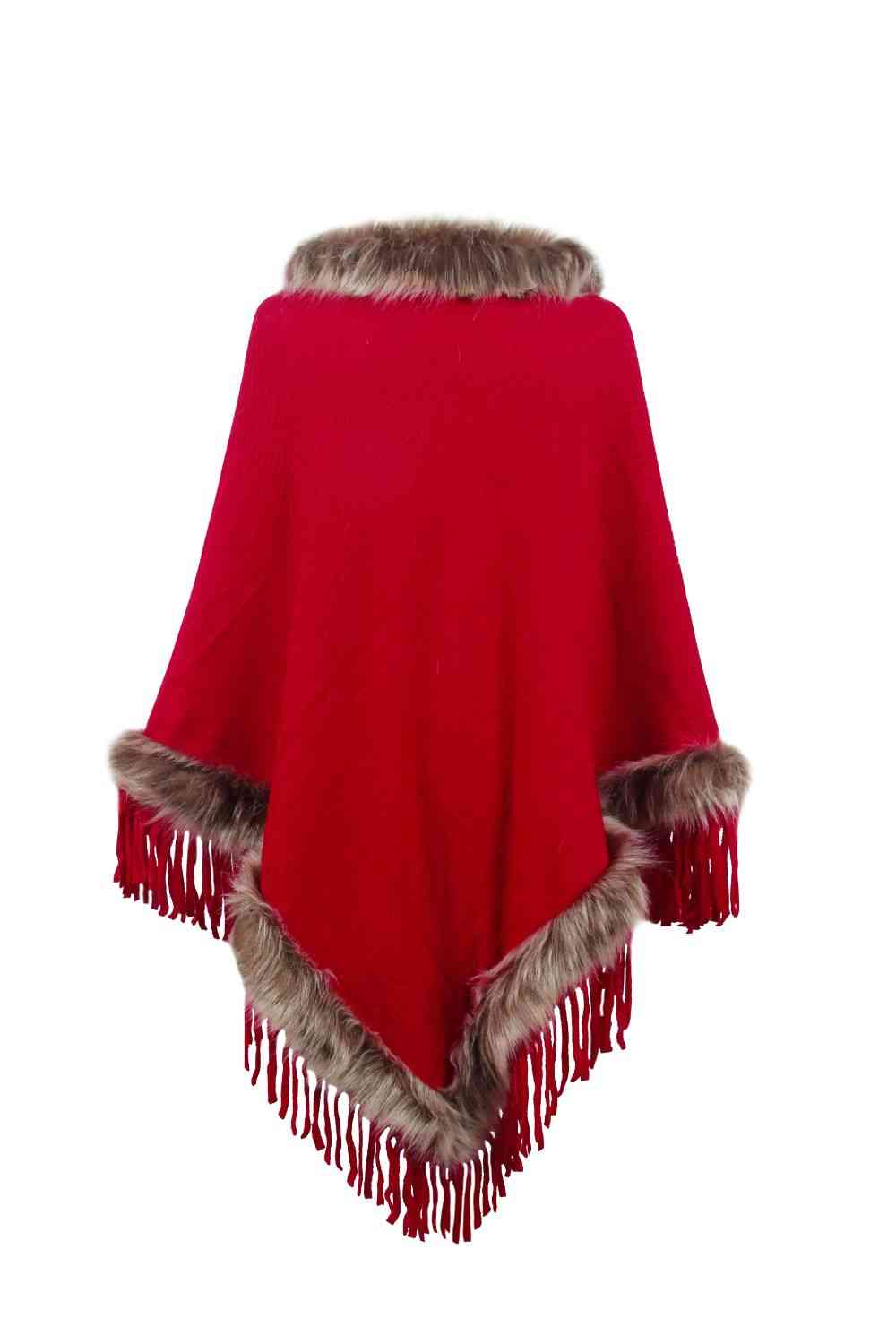 EJC Faux Fur Trim Fringed Poncho